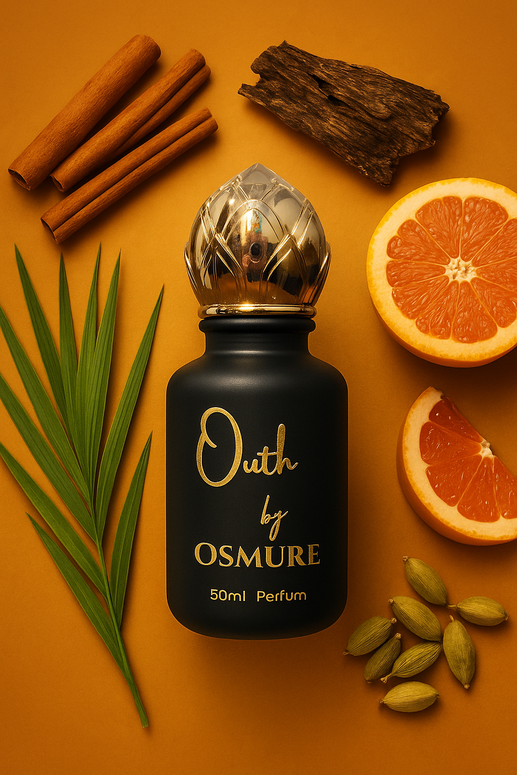 Perfume bottle labeled 'Outh by Osmure' surrounded by cinnamon sticks, orange slices, and cardamom on an orange background